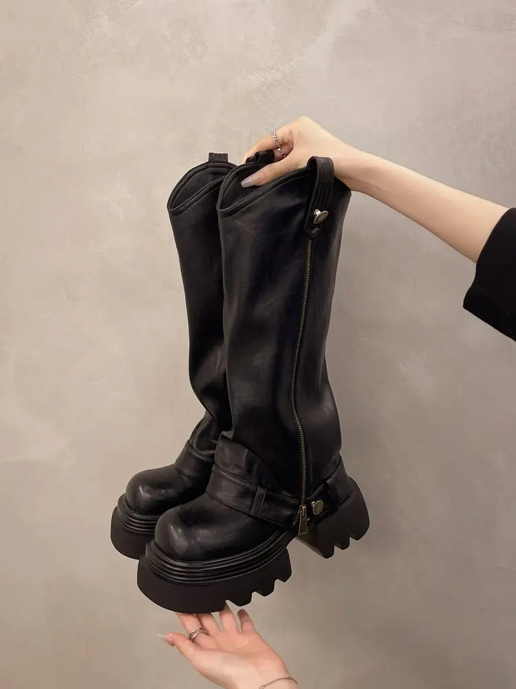 Aiertu    -  Autumn Women's Knee High Boots Western Round Toe Long Boots Women Western Shoes Chunky Heel Platform Women Aiertu