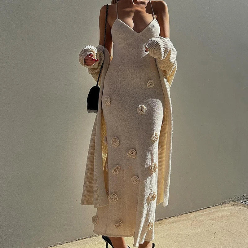 Aiertu  -  Elegant 3D Flower Knitted Long Dress Women Deep V-neck Spaghetti Strap Backless Sleeveless Beach Dresses 2025 Summer Lady Robes Aiertu