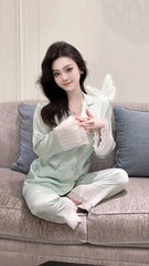 Aiertu  -  Lace Women's Pajama Set Silky Satin Two-piece Long Sleeve Button Shirt Pj Sets Loose Sleepwear Classic Loungewear Pijama Mujer Aiertu