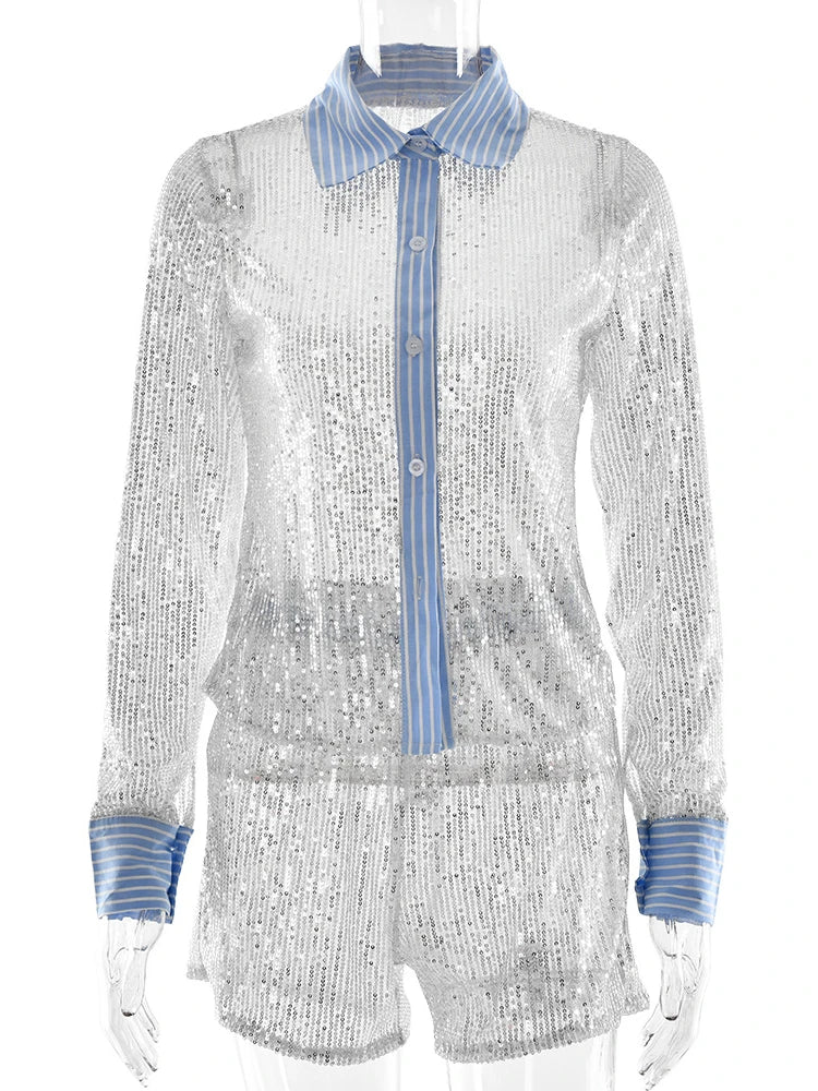 Aiertu  -  Casual Sexy Sequins Shorts Two Pieces Set Woman Outfit Chic Long Sleeve Shirts+Shorts Suit Night Club Short Pants Streetwear Aiertu
