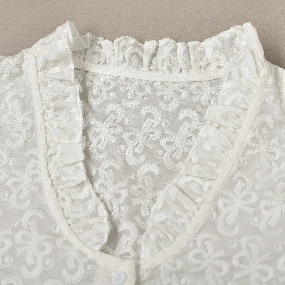 Aiertu  -   Bow Embroidery White Blouse Women Spring New Ruffle V Neck Puff Sleeve Shirts Tops Female French Elegant Casual Fashion Blouses Aiertu