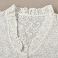 Aiertu  -   Bow Embroidery White Blouse Women Spring New Ruffle V Neck Puff Sleeve Shirts Tops Female French Elegant Casual Fashion Blouses Aiertu