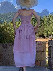 Aiertu  -  French Pink Womens Dresses Elegant Sweet Square Collar Sleeveless Lace-up Casual Vestidos Holiday Birthday Party Midi Dress New Aiertu