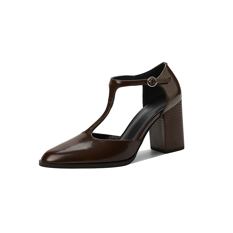 Aiertu  -  New Fashion Lacquer Leather T-shaped Pumps Round Toe Square Heel Straw Shoes French High Heels One Button Baotou Sandals Aiertu