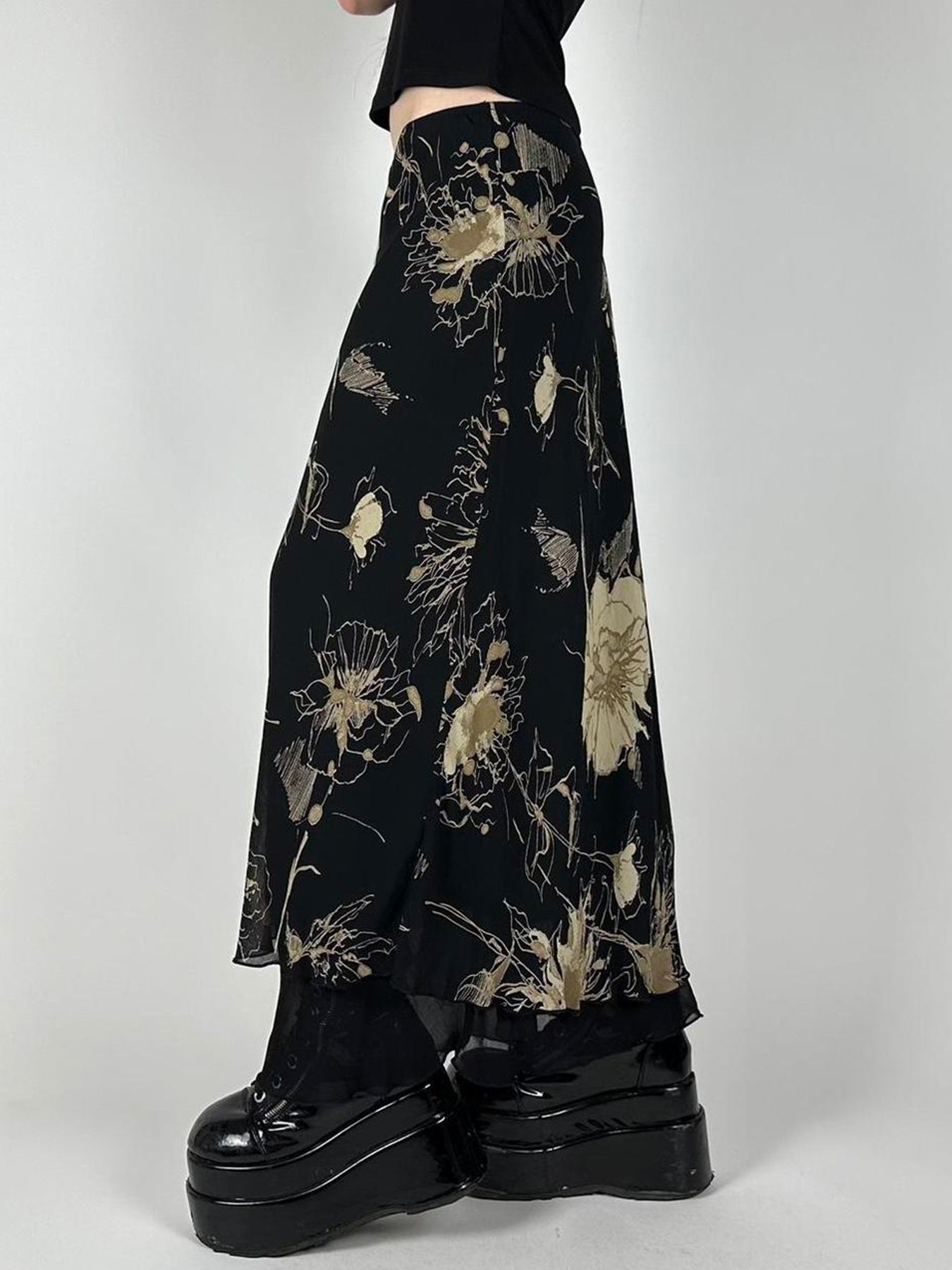 Aiertu - summer inspo Floral Print Two Layers Mesh Long Skirts For Women Vintage Elagant Fashion Low Waist Y2K Mermaid Skirt Vacation Aiertu