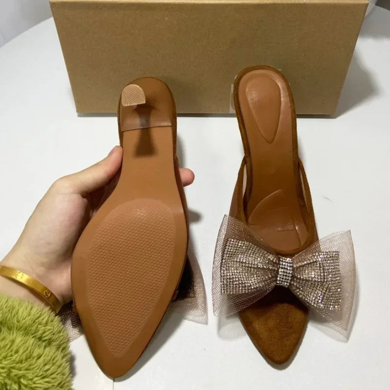 Aiertu  -  Summer Pointed Shoes Woman Open Toe High Heels Shallow Diamond Shining Butterfly-Knot Slingbacks Mesh Ladies Mules Sandals Aiertu
