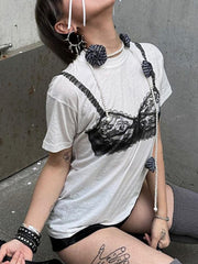 Aiertu - summer inspo Hot Black Lace Bra Print White Graphic T-Shirt Fashion Woman Blouse Tees O Neck Short Sleeve Casual Street Sweats Tops Aiertu