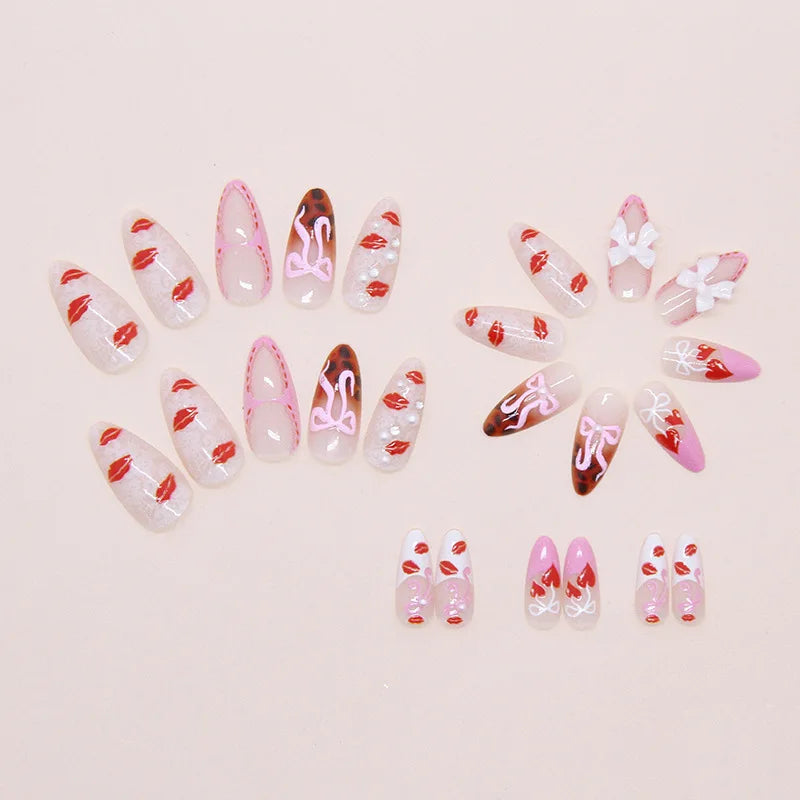 Aiertu  -  24PCS Pink 3D Bowknot Pearl Press on Nails Ins Style Leopard Print Lips Patterns French Fake Nails for Women Almond False Nails Aiertu