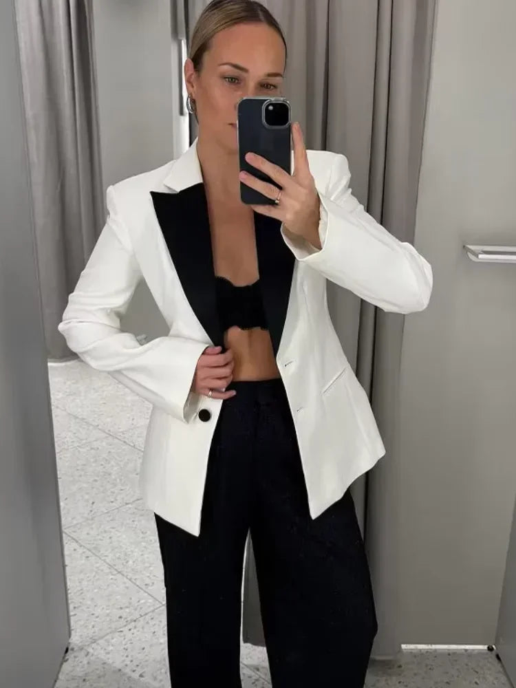 Aiertu  -  party look snspos Chic Women White Slim 2 Bittons Suit Jacket Elegant Black Lapel Collar Full Sleeve Formal Coat Lady Spring Highstreet Outwear Aiertu