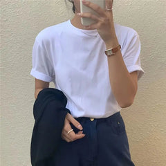 Aiertu  -  Summer Pure Cotton Women Top Short Sleeved Spring and Autumn Inner Matching Loose Bottomed Shirt Korean Shoulder White T-shirt Aiertu
