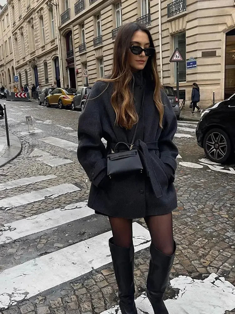 Aiertu  -  Warm Lace-up Woolen Coat With Belt For Women Elegant Single Breasted Gray Pocket Jacket Autumn Winter High Street Outerwear Aiertu