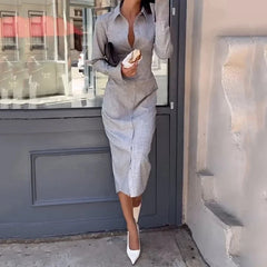 Aiertu  -  Long Dress Autumn Women Office Casual Long Sleeve Lapel Single Breasted Button Solid Nipped Waist Long Dress Streetwear Aiertu