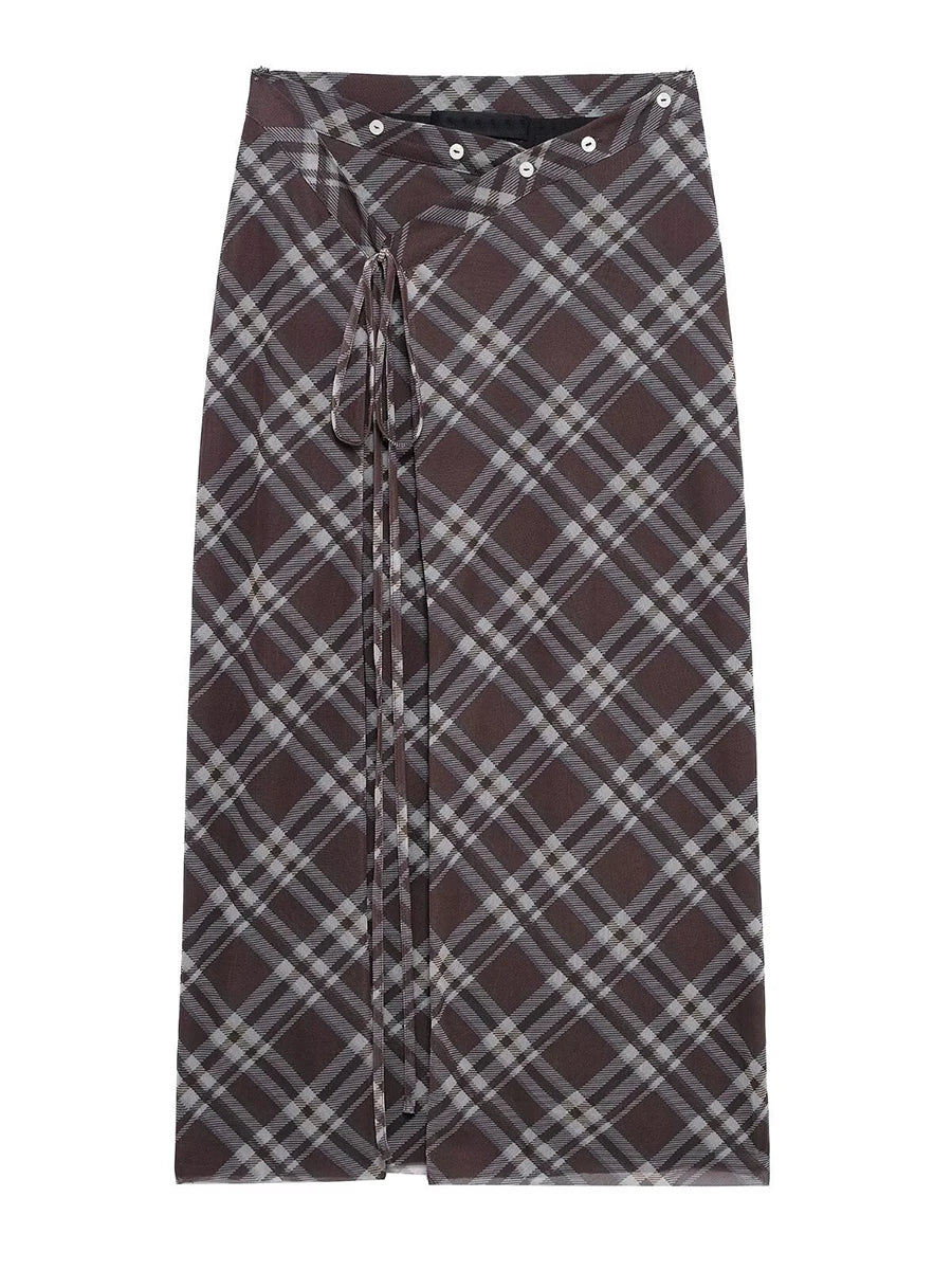 Aiertu  -  Vintage Plaid Lace-up Midi Skirt Women Summer New Buttons High Waist Split A-line Long Skirts Streetwear Fashion Casual Jupe Aiertu