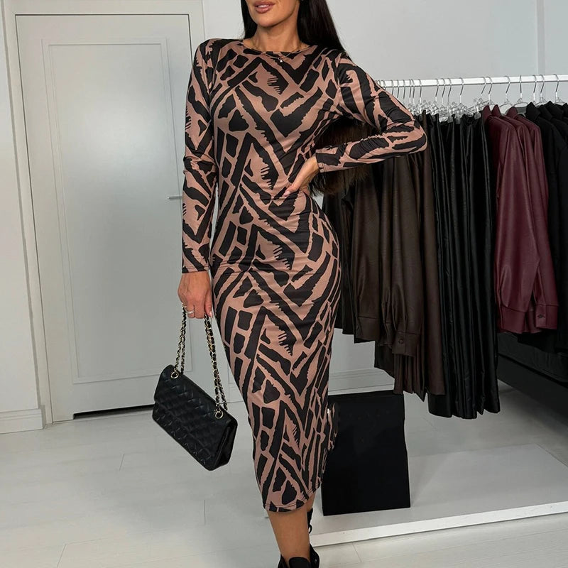 Aiertu  -  Fashion O-neck High Waist Slim Long Dress Women Elegant Pattern Printed Pleated Hip Wrap Dress Causal Long Sleeve Party Dresses Aiertu
