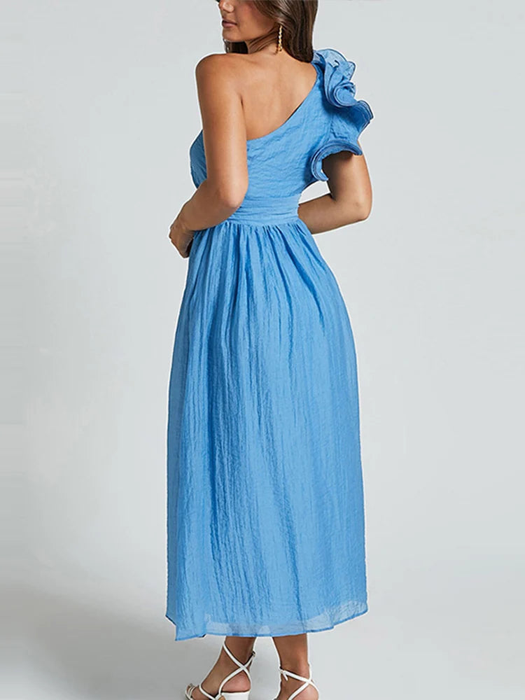 Aiertu  -  Elegant Party Dress Women Skew-collar Pleated A-line Midi Evening Dresses Female 2025 Spring Summer Casual Vacation Lady Robe Aiertu