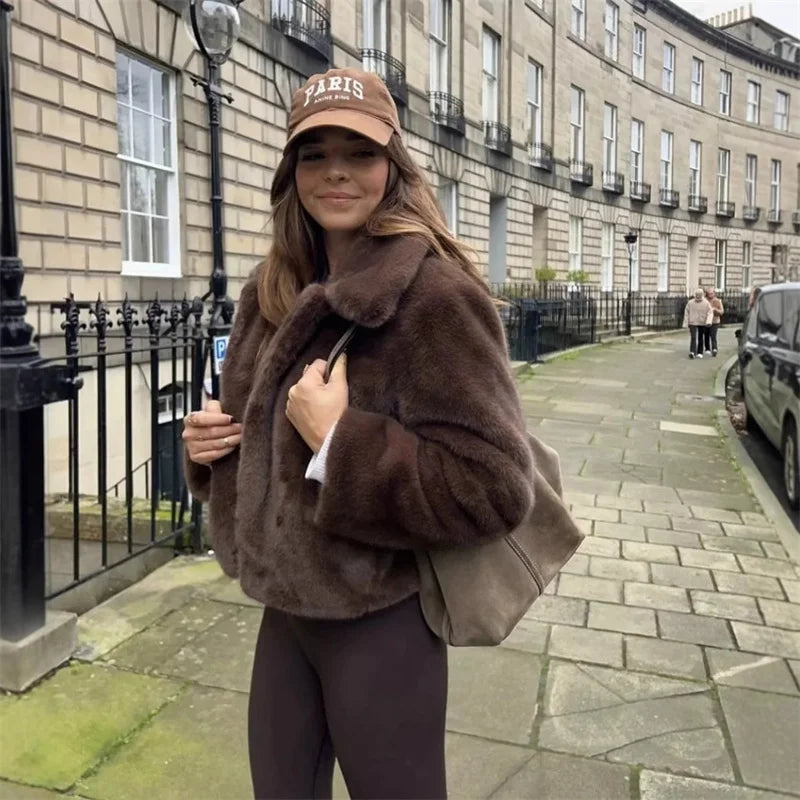 Aiertu  -  casual winter outfits 2024 Winter Brown Fluffy Faux Fur Short Coat Women Elegant Lapel Long Sleeve Plush Soft Warm Jacket Lady High Streetwear Aiertu