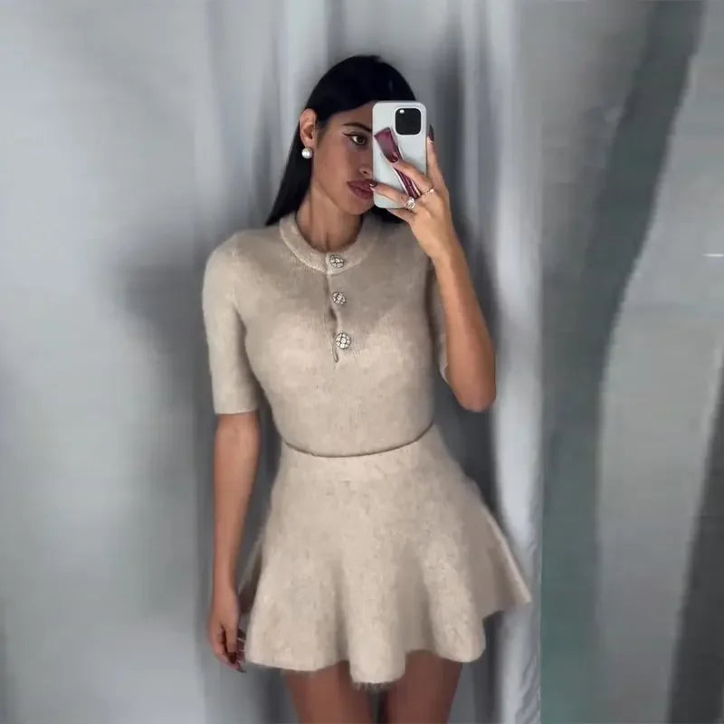 PICSGIRL  -  Elegant Wool Women Sets O-neck Short Sleeve Loose Pullover Pleated Mini A-line Skirt Female Suits Autumn Bottoming Lady Set Aiertu