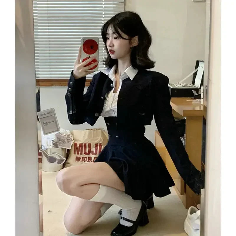 Aiertu spring birthday outfit Preppy Style Vintage Fashion Suit Woman White Shirt + Short Coat High Waist Slim Y2k Mini Dress Japanese Elegant Set 2025 Chic Aiertu