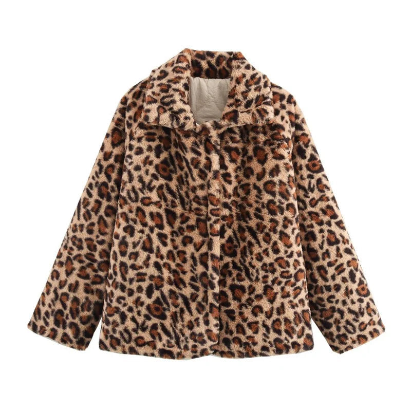 Aiertu  -  Fashion Double-Side Beige and Leopard Quilted Cotton Jacket For Women Winter Turn-down Collar Single-breasted Pocket Outerwear Aiertu