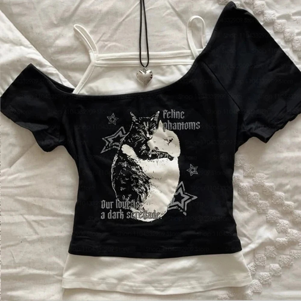 Aiertu  -  Y2k Slim Fit Print Tops Women Off Shoulder Short Sleeve Tee Shirt Neploe American Vintage Fake Two Piece Halter Lace Up T-shirts Aiertu