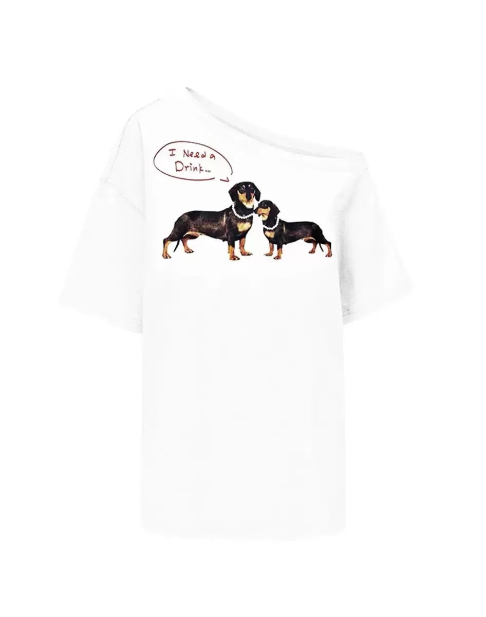 Aiertu  -  Summer New Pearl Necklace Dachshund Dog Print Short Sleeve T-Shirt Slash Shoulder Top Women Aiertu