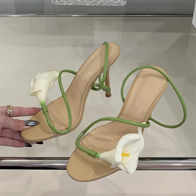 Aiertu  -   Sexy PVC Transparent Flower Narrow Band Women Sandals Street Style Open Toe Thin High Heels Party Prom Shoes Aiertu