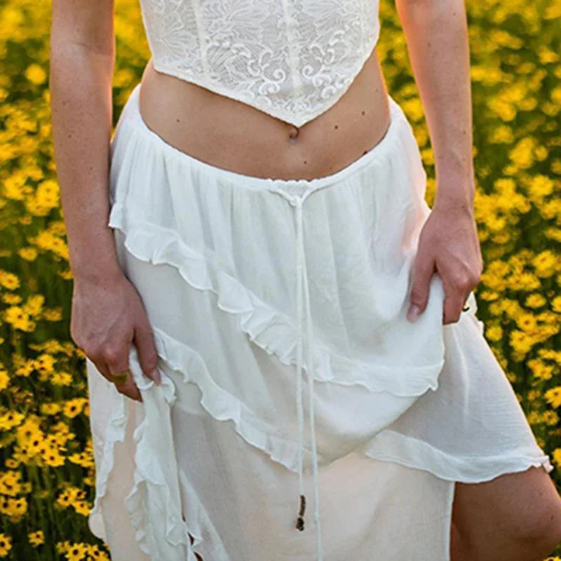 Aiertu  -  Y2K White Trim Midi Skirts Women Split Low Waisted Tie Up Long Skirts Women Fairycore Summer French Skirts Holiday Beach Aiertu