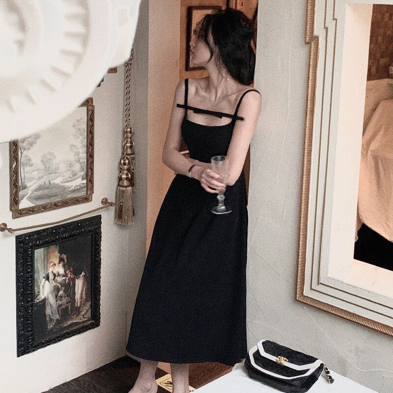 Aiertu  French Elegant Black Midi Dress Women Casual Evening Party Strap Dress Female Pure Color White One Piece Dress Korea Summer Aiertu