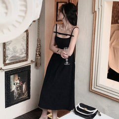 Aiertu  French Elegant Black Midi Dress Women Casual Evening Party Strap Dress Female Pure Color White One Piece Dress Korea Summer Aiertu