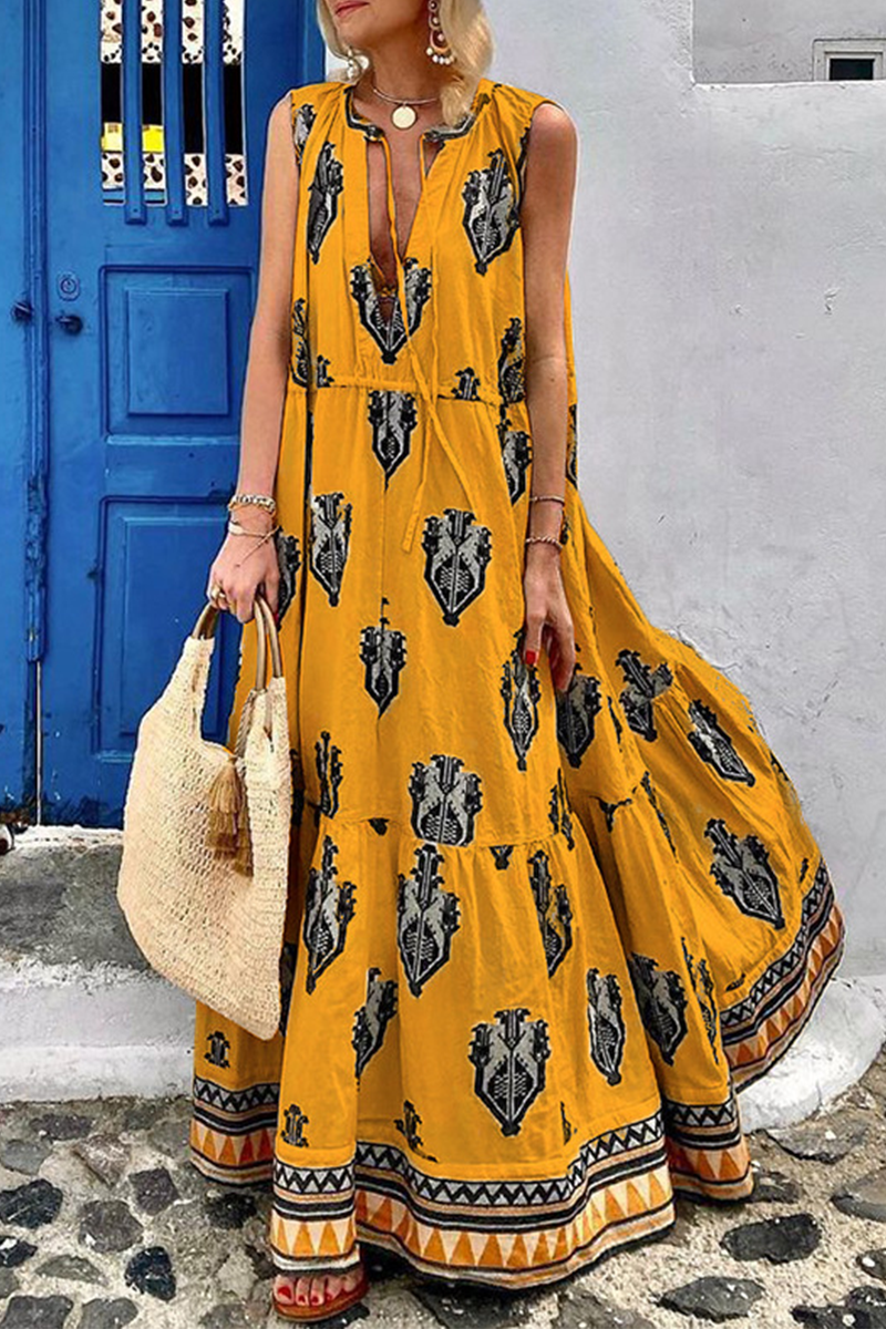 Aiertu  -  Fashion Print V Neck Cake Skirt Dresses(3 Colors) Aiertu