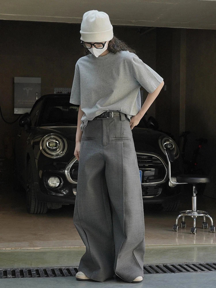 Aiertu  -  Plus Size Women's Casual Wide Palazzo Pants Cleanfit Solid Pleated Slant Pockets Work Trousers Office Korea Clothes Aiertu