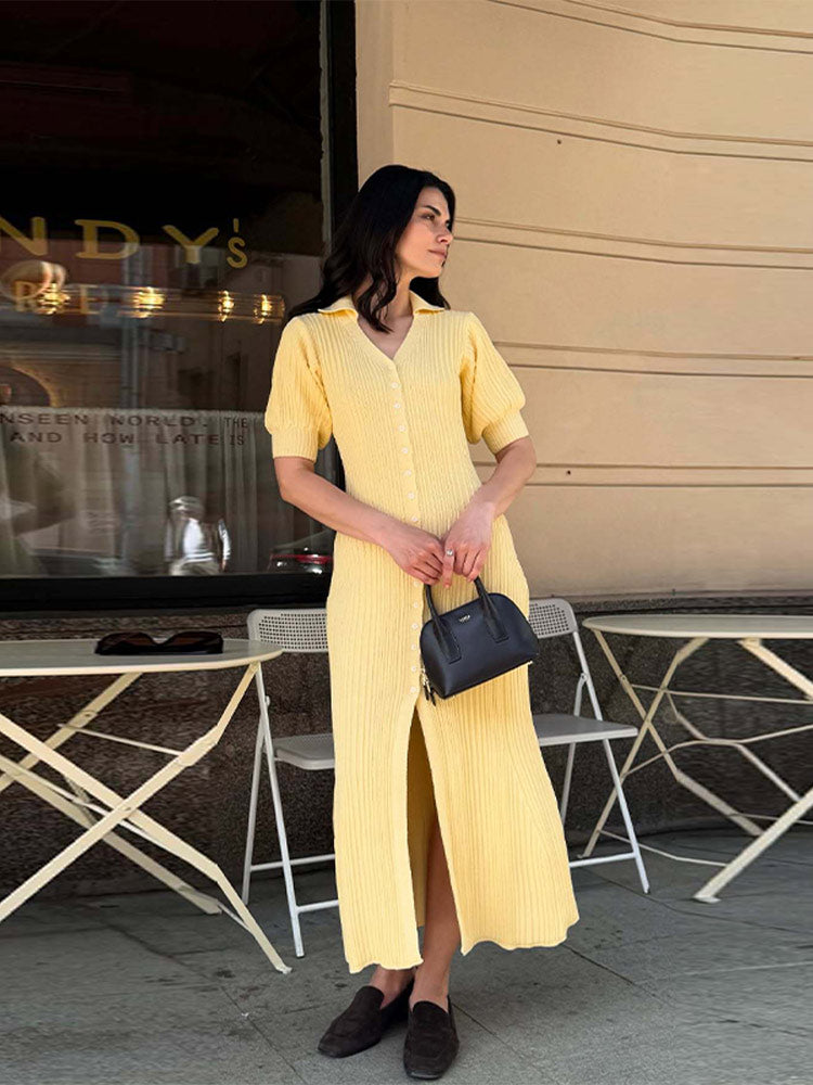 Aiertu  Yellow Knit Single Breasted Dress Women Summer Puff Short Sleeves Long Dresses Female 2025 Loose Turndown Collar Lady Robe Aiertu