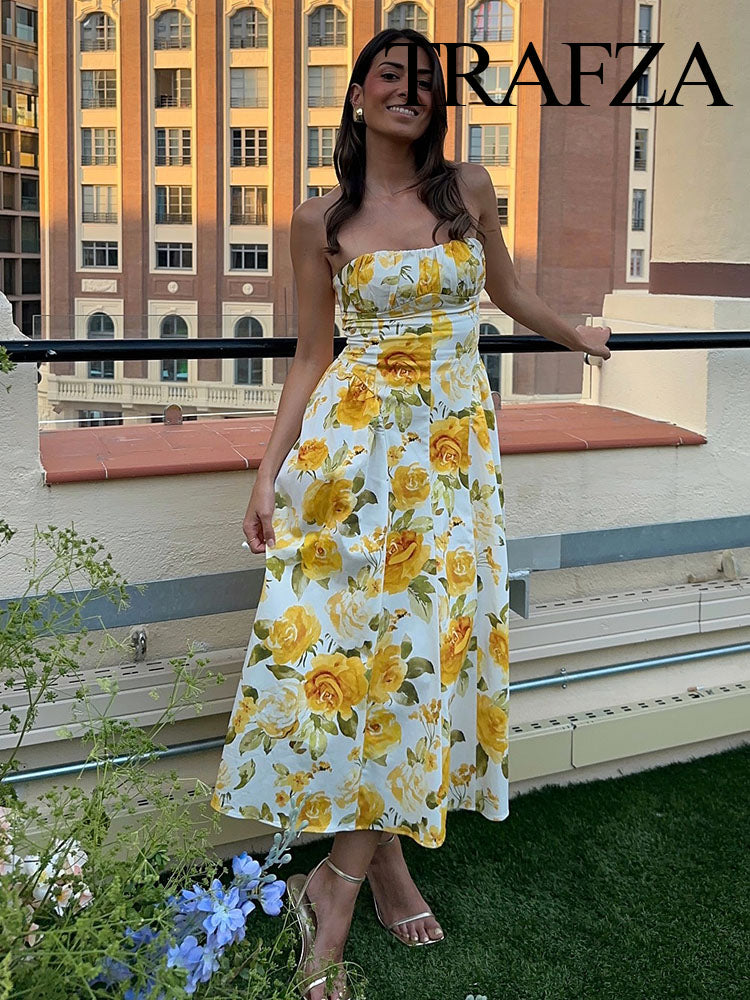 Aiertu  Women New Fashion Temperament Simple Slim Strap-Breast Yellow Rose Printed Dress Female Elegant Sexy Backless Long Dress Aiertu