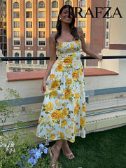 Aiertu  Women New Fashion Temperament Simple Slim Strap-Breast Yellow Rose Printed Dress Female Elegant Sexy Backless Long Dress Aiertu