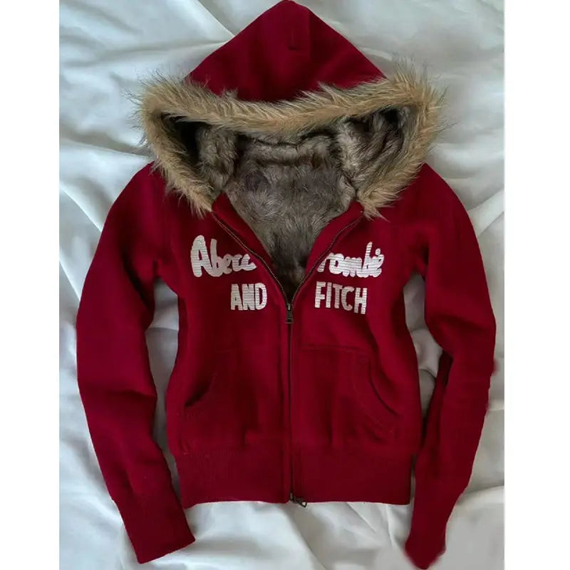 Aiertu  -  Y2K Velvet Thickened Fur Collar Hooded Sweatshirt Women's Street Retro Classic Hooded Jacket Cardigan Autumn Winter Harajuku Top Aiertu