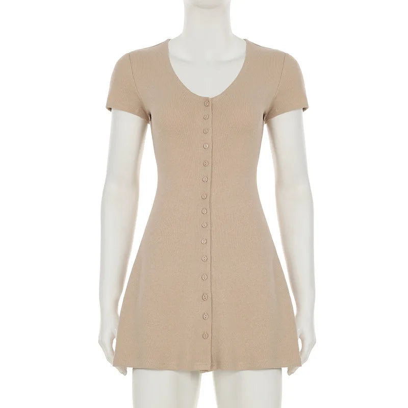 Aiertu  -  2025 Summer New Knitted Mini Dress Female Elegant V Neck Buttons Short Sleeve Dress High Elasticity Casual Women's Dress Aiertu