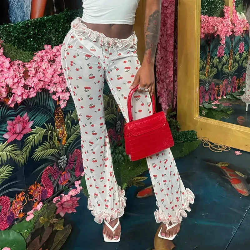 Aiertu  -  Women's Sexy See Through Ruffles Flare Pants Cherry Print Mesh Trousers 2025 New Summer Cute Party Club Bottoms Beachwear Aiertu