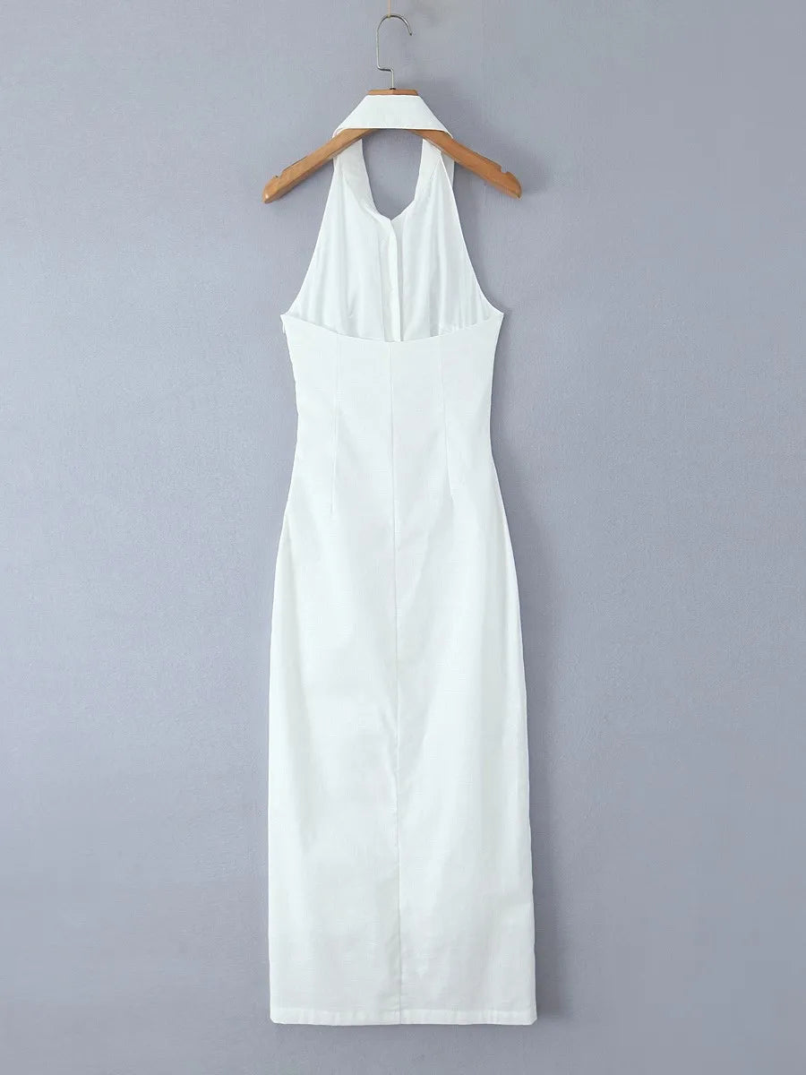 Aiertu  -  White Chic Slim Split Halter Dresses Women Summer Single Breasted Sleeveless Midi Dress 2025 New Elegant Casual Fashion Vestidos Aiertu