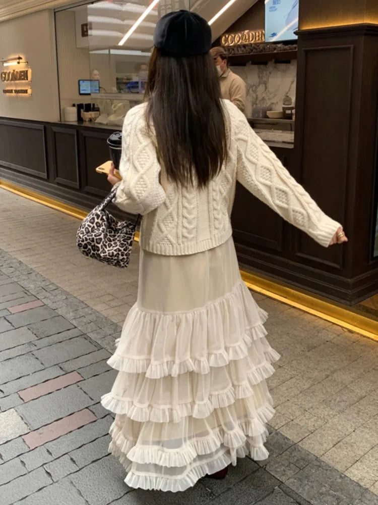 Aiertu  -  Sweet Chic Ruffle Mesh Tutu Cake Skirt Elastic Waist Beige Streetwear Long Skirt 2025 New Spring Summer A-line Fashion Skirts Aiertu