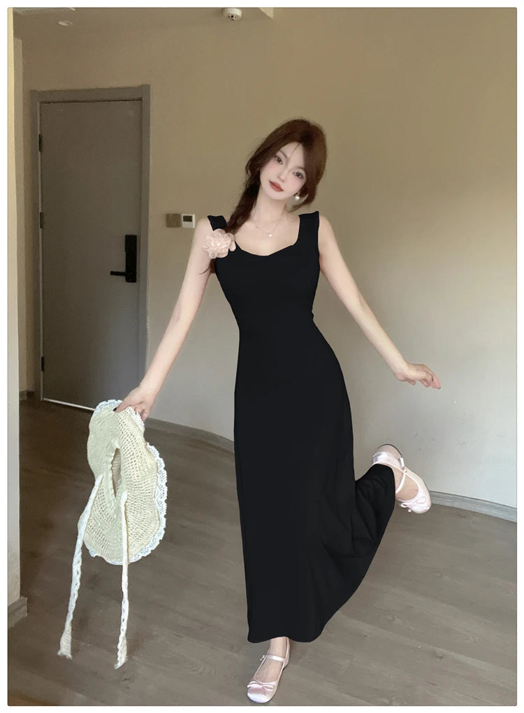 Aiertu  -  Spice Girl Sexy Strap Dress Women's Summer Sleeveless Slim A-line Solid Color Long Dress Fashion Female Clothes Aiertu
