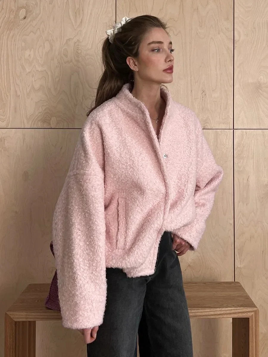 Aiertu  -  Pink Short Fur Jacket Coat For Women Autumn Winter Casual Stand Collar Pocket Loose Fashion Long Sleeve Jacket Top Female Aiertu