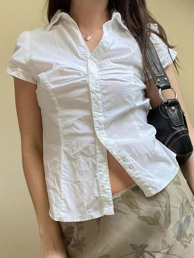 Aiertu  -  Y2k Aesthetic Pleated Puff Sleeve Women Blouse Sexy Single Breasted Slim Grunge Solid Shirt Harajuku Crop Streetwear Blusas Aiertu