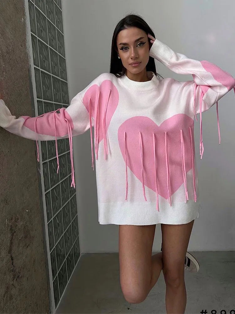 Aiertu  -  Chic Sweet Love Heart Print Tassels Spliced Y2k Sweater Women O-neck Long Sleeves Casual Jumpers Lady Elegant Knitted Pullover Aiertu
