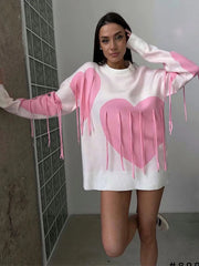 Aiertu  -  Chic Sweet Love Heart Print Tassels Spliced Y2k Sweater Women O-neck Long Sleeves Casual Jumpers Lady Elegant Knitted Pullover Aiertu