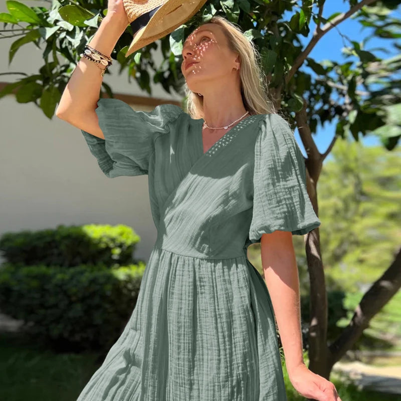 Aiertu  -   Gauze Long Dress For Women Sexy V-Neck Sweet Puff Sleeve Bandage Chic Elegant Party Beach Sundress Aiertu