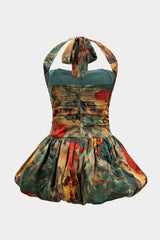 Aiertu  Watercolor Print Satin Ruched Backless Zipper Tie Up Mini Dress Aiertu