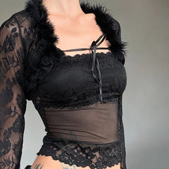 Aiertu  -  party look snspos Y2K Black Lace Patchwork Fur Two Piece Set Transparent Sexy Tube Top and Long Sleeve Smock  Matching Sets Lady Spring Aiertu