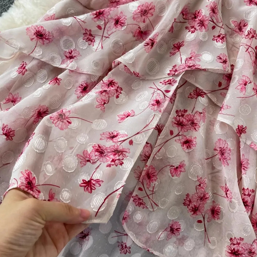 Aiertu  -  Sweet V Neck Butterfly Sleeve Print Vestidos Ruffles Lace Up Vintage French Style Dress Mermaid Drawstring Irregular Robe Aiertu