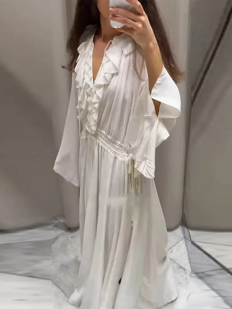 Aiertu  -  Chic White Ruffle Deep V-neck Maxi Dress For Women Spring Drawstring High Waist Pleated Beach Dress Long Flare Sleeve Lady Robe Aiertu