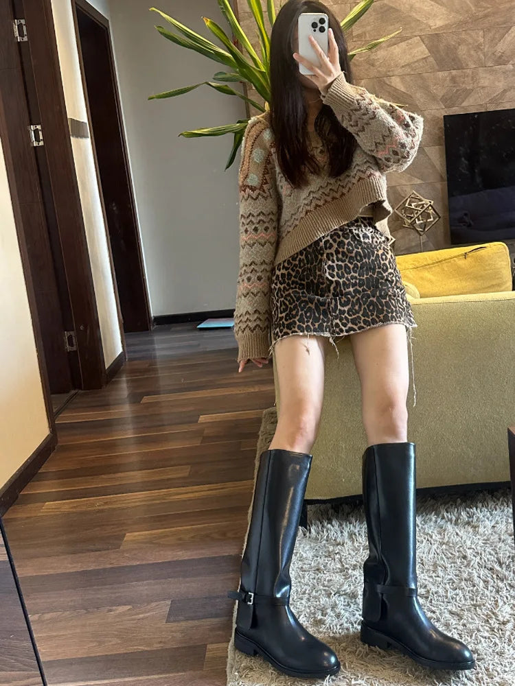 Aiertu    -  Women Autumn Winter Slip-On High Boots for Woman's Luxury Design Brand Round Toe Riding Boots Ladies Motorcycle Botas Aiertu